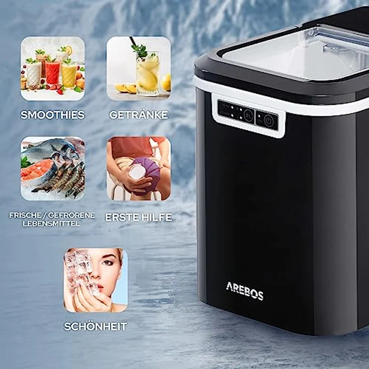 Arebos Eiswürfelmaschine | Ice Cube Maker | 12 kg / 24 h | 10-15 Minuten Produktionszeit | 2 Eiswürfel-Größen | 2,2 Liter Wassertank | Eiswürfelbereiter | Leise | Selbstreinigungsfunktion | Schwarz – Bild 5