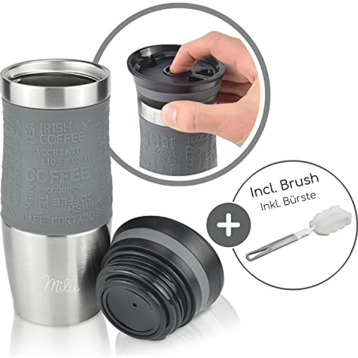 Milu Thermobecher 370ml Isolierbecher Kaffeebecher to go - 100% Auslaufsicher - Trinkbecher aus Edelstahl - Autobecher doppelwand Isolierung - Thermo Becher - Travel Mug (Grau, 370ml) – Bild 4