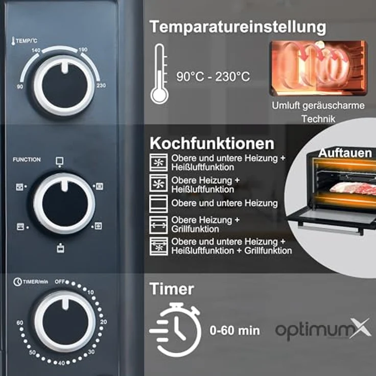 OptimumX Minibackofen 60 Liter XXL mit Umluft, 2200W, Drehspieß, Anthrazit – Bild 3