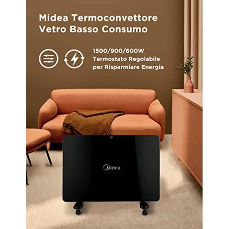 Midea NDK15-15 MRE Elektroheizung, geringer Verbrauch, Konvektor, Glas, 1500 W, warmes Badezimmer, wasserdicht, IPX4 mit Rollen, tragbar, Wand-Konvektor mit Thermostat, Timer 24 h, Schwarz – Bild 2