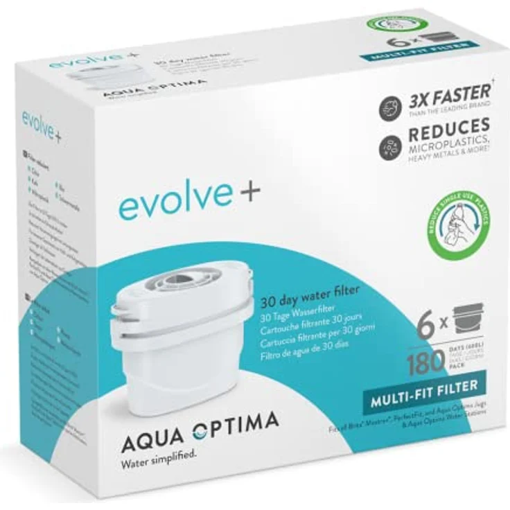 Aqua Optima Wasserfilterkartusche, Evolve+ 6er Pack (Vorrat für 6 Monate), kompatibel mit Brita Maxtra+ & PerfectFit, 5-stufiges Filtersystem reduziert Chlor, Kalk und andere Verunreinigungen – Bild 1