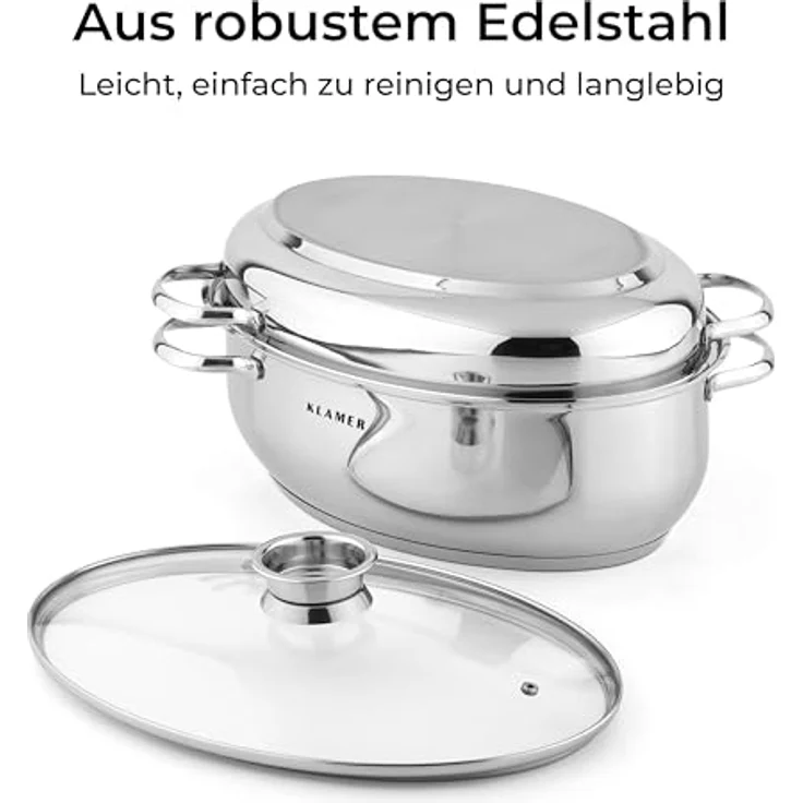 KLAMER Bräter mit Deckel 41 cm, 8,5L XXL Edelstahl Bräter für alle Herdarten, inkl. Induktion, mit 4L Deckelpfanne – Bild 3