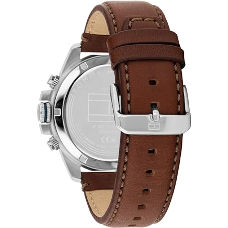 Tommy Hilfiger 1792195, Herren Dual-Time Uhr mit braunem Lederarmband, 43mm Edelstahlgehäuse, blaues Zifferblatt, 5 ATM wasserdicht – Bild 3
