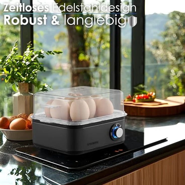 Steinborg Eierkocher für 1 bis 8 Eier | Edelstahl 500 Watt | 3 Härtegrade BPA-Frei & Spülmaschinenfest LED Drehschalter - Robust & Langlebig – Bild 5