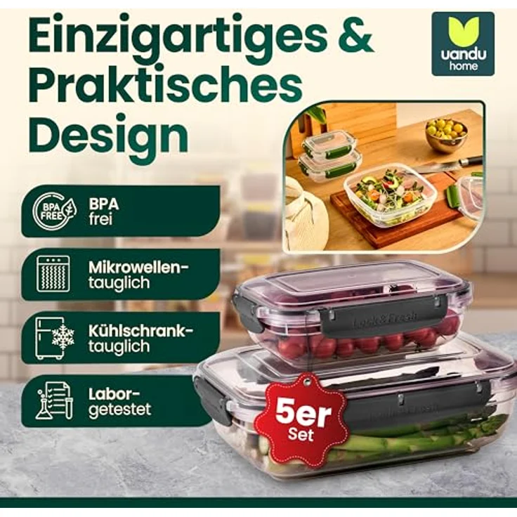 UANDU Lock & Fresh 5er Vorratsdosen Set, luft- und wasserdicht, BPA-frei, Anthrazit – Bild 2