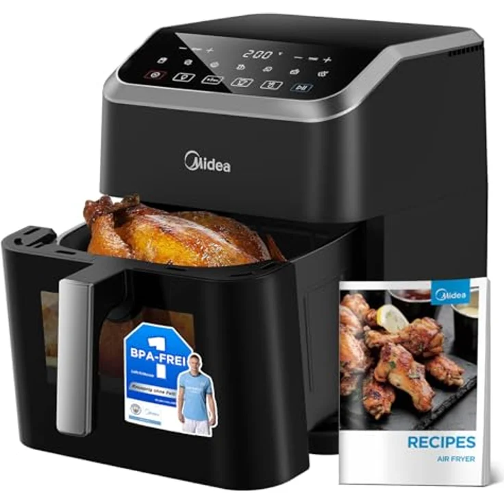 Midea Heißluftfritteuse 7L, Airfryer mit Sichtfenster & Licht, 7 Programme, HeatXpress Technologie, 90% weniger Öl, Antihaft, Schwarz – Bild 1