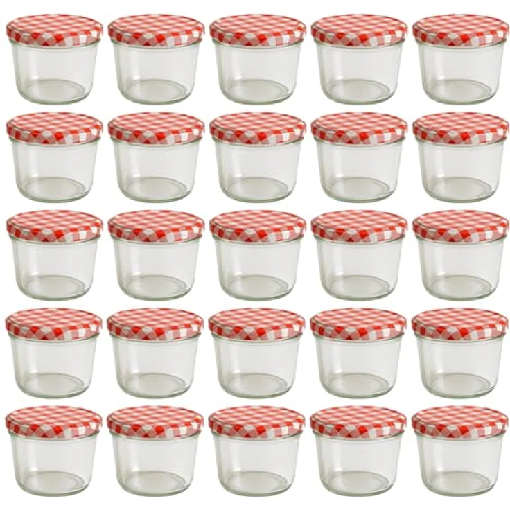 hocZ 25x Marmeladengläser 230 ml, Einmachgläser mit Rot Kariert Deckel, luftdicht mit Etiketten, Spülmaschinenfest, Set mit 25 Stück – Bild 1