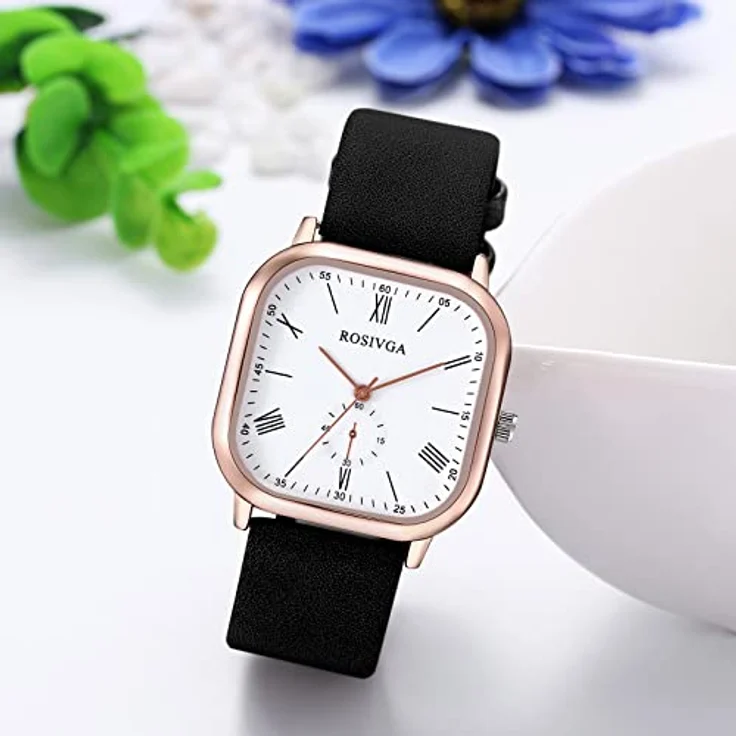 JewelryWe Klassische Analog Armbanduhr, Quarz mit Römischen Ziffern, Leder Armband, quadratisches Zifferblatt, Schwarz/Roségold, 10M wasserdicht – Bild 5