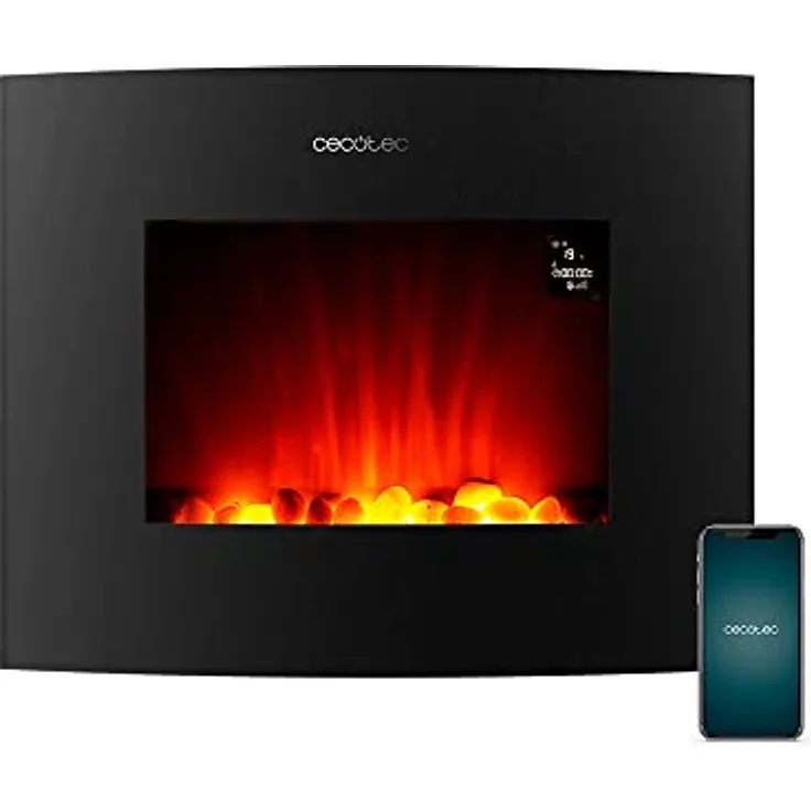 Cecotec Dekorativer Elektrischer Kaminofen ReadyWarm 2650 Curved Flames Connected. 26", 2000 W, Steuerung über Wi-Fi, Fernbedienung, Gekrümmte Anzeigetafel aus gehärtetem Glas, 25 m2
