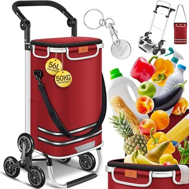 KESSER® Einkaufstrolley Treppensteiger mit Kühlfach, klappbar, 56L Kapazität, belastbar bis 50kg, 3in1 Trolley Sackkarre & Umhängetasche, Bordeaux – Bild 1