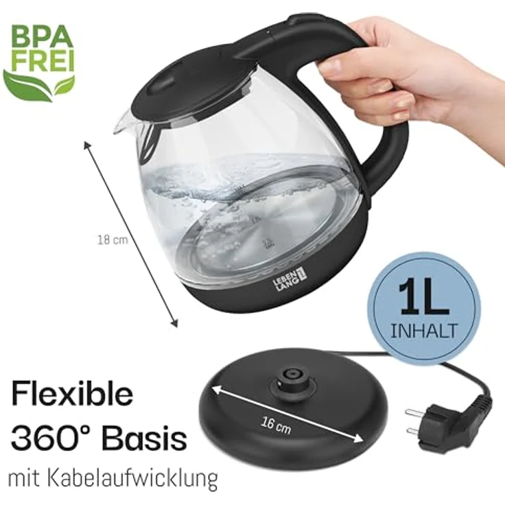 LEBENLANG Wasserkocher LEBENLANG BPA-freies Glas 1 Liter mit 1800-2200W, kompakt und leise für Camping und Reisen, inklusive Kalkfilter und automatischer Abschaltung – Bild 2