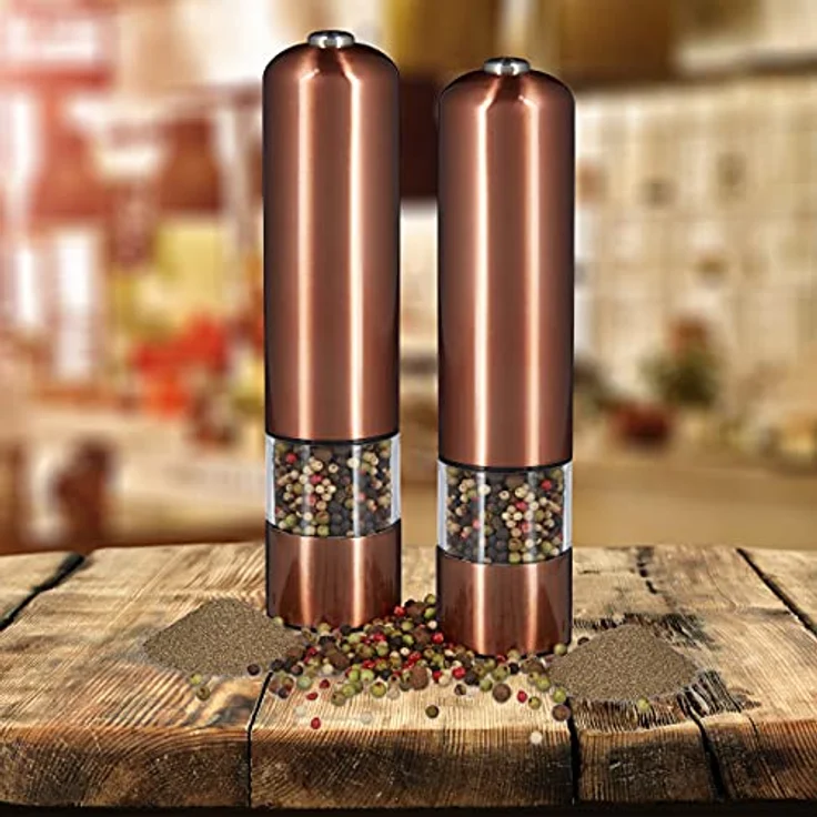 2 x elektrische Pfeffermühle im Set, Gewürzmühle oder Salzmühle, mit Keramikmahlwerk batteriebetrieben, mit Licht, nachfüllbar, bronze – Bild 2