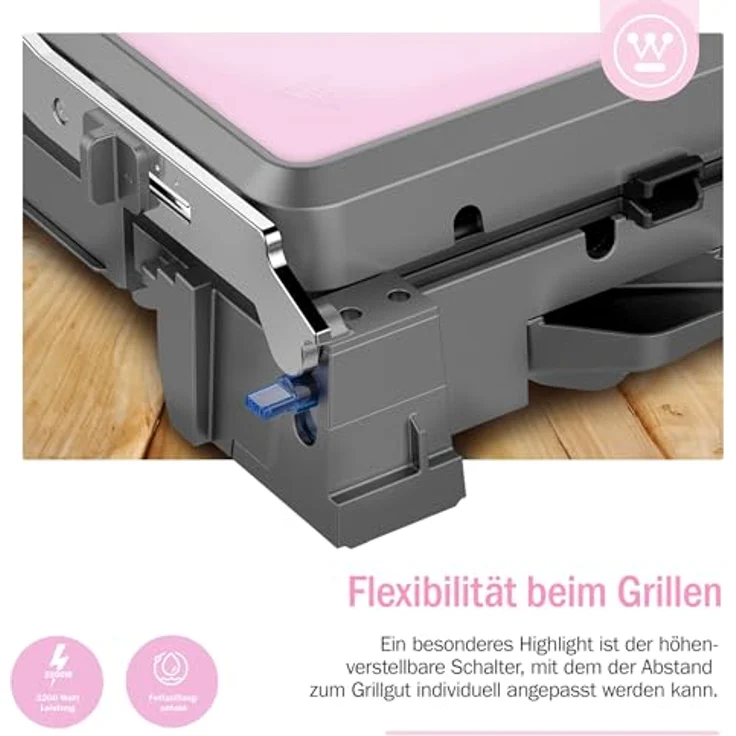 Westinghouse Kontaktgrill WKCG907PK, 2200 W, Antihaftbeschichtung, höhenverstelbar, 29 x 24 cm Grillfläche, Retro-Design, Edelstahlgehäuse – Bild 3