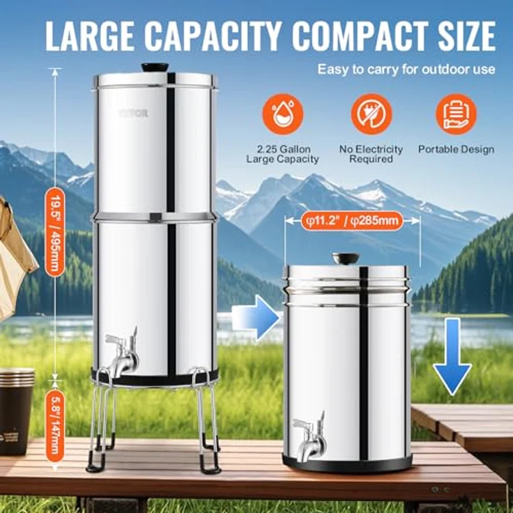 VEVOR Schwerkraft Wasserfiltersystem Edelstahl, 7,8+8,5 L, reduziert Blei und 99 % Chlor, mit 2 Keramik-Kohlefiltern und Zapfhahn – Bild 5