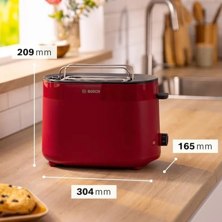 Bosch Kompakt Toaster MyMoment TAT2M124, integrierter Brötchenaufsatz, mit Auftaufunktion, mit Abschaltautomatik, Liftfunktion, Brotzentrierung, perfekt für 2 Scheiben, 800 Watt, Rot matt – Bild 2