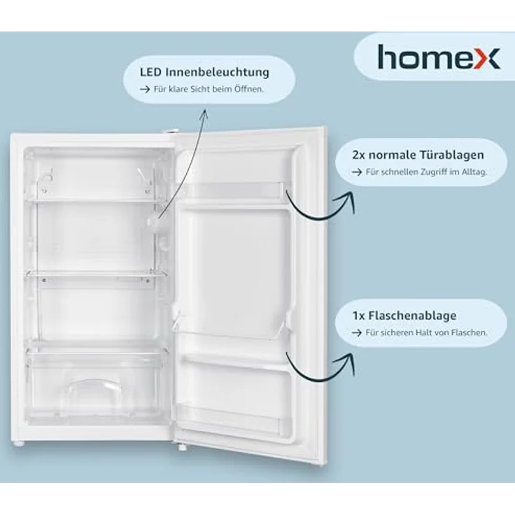 homeX CS1016-W Kühlschrank ohne Gefrierfach, 88L Vollraumkühlschrank freistehend, weiß, leise mit LED-Beleuchtung und verstellbaren Ablagen – Bild 3