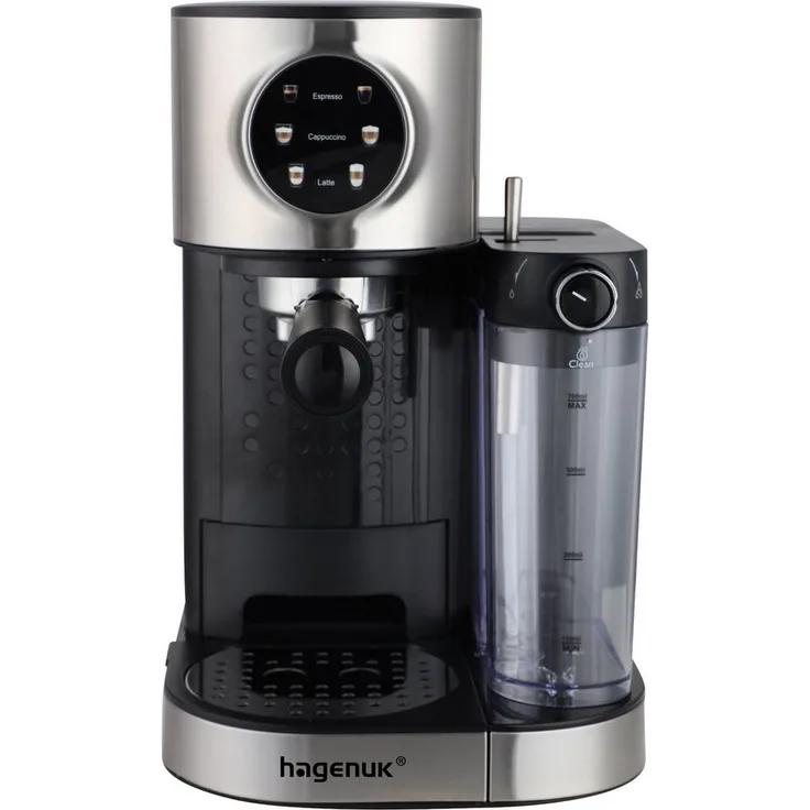 Hagenuk Siebträgermaschine, Edelstahlfilter, 1470 Watt, 15 bar Drucksystem, Color-Touch-Display, abnehmbarer Milchtank, schnelles Aufheizen unter 50 Sek.