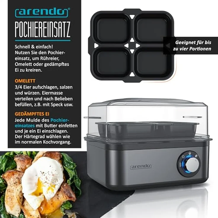 Arendo Eierkocher Edelstahl für 1 bis 8 Eier - Egg Cooker - 500 W ? Kontroll Leuchte ? Drehregler für drei Härtegrade - spülmaschinengeeignet | Cool Grey – Bild 5