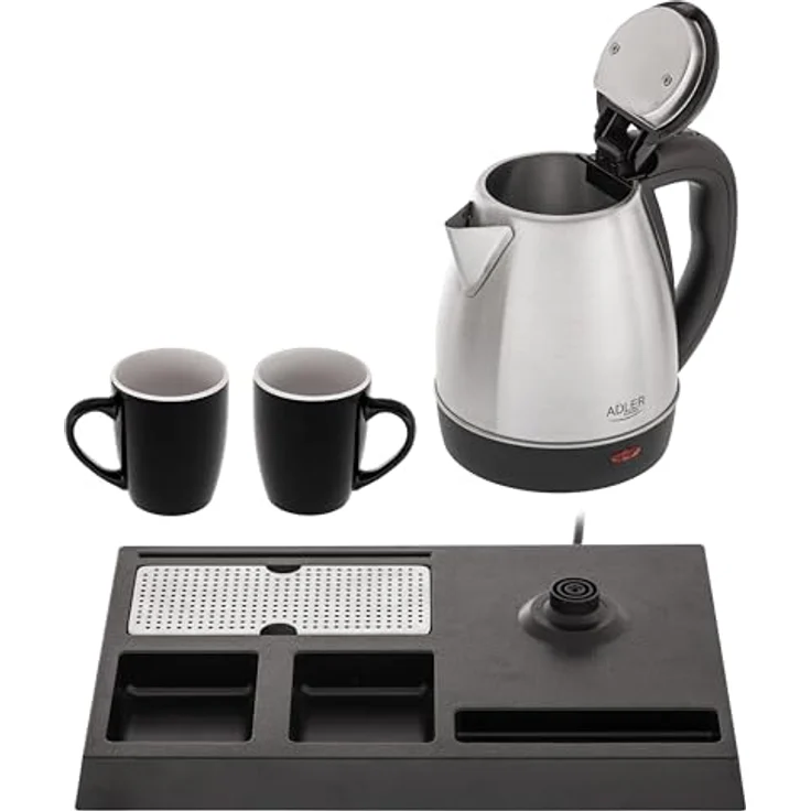 ADLER Wasserkocher Set Edelstahl 1,2L mit Tablett & 2 Tassen | Kompakte Teestation für Hotel, Büro & Home-Office | Sicher und hygienisch mit 360°-Sockel und Trockengehschutz – Bild 4