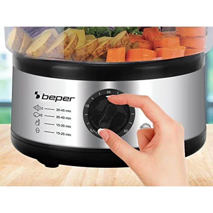 Beper 5 L Multifunktionaler Dampfgarer, Kompaktspeicher, 60-Minuten-Timer, Leistung 400-500 W, - Silber und Schwarz – Bild 4