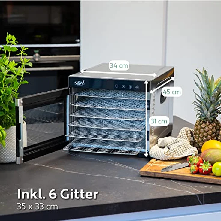 Dörrautomat Edelstahl - Dörrgerät mit Temperaturregler (35-75°C) zum Trocknen von Obst, Pilzen und Fleisch - Dürrautomaten 650W mit 24H Timer-Funktion - Dehydrator Food Vita5 (6 Etagen) – Bild 5