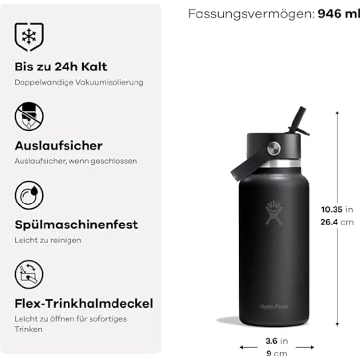 Hydro Flask Wide Flex Straw Cap 946 ml (32 oz) Flasche – Edelstahl, auslaufsicher, spülmaschinenfest, isoliert, bis zu 24 Std. kalt, eiswürfelfreundlich – White – Bild 2