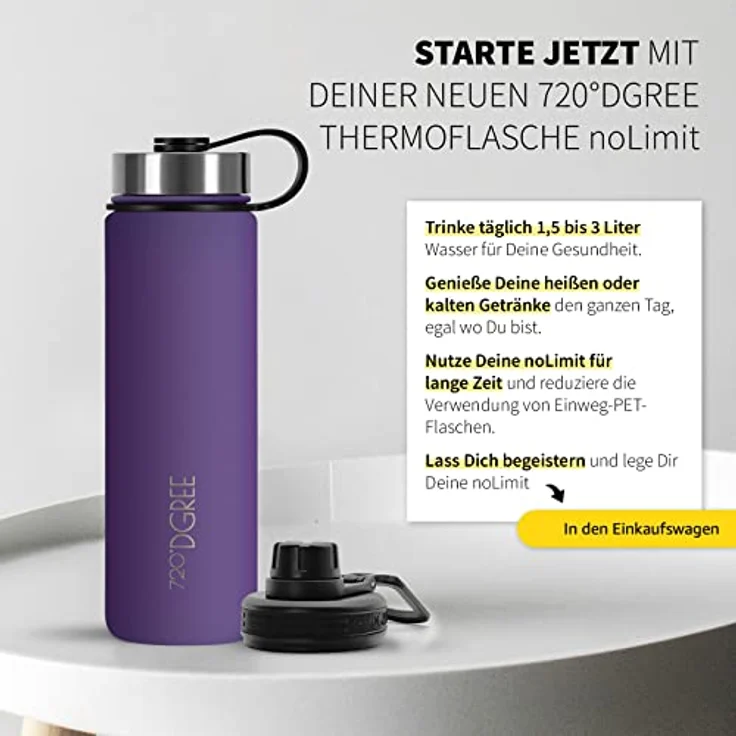 Trinkflasche Doppelwandig Edelstahl 950ml Isolierflasche m. Gratis Sportdeckel 720 DGREE noLimit ultra violet – Bild 6