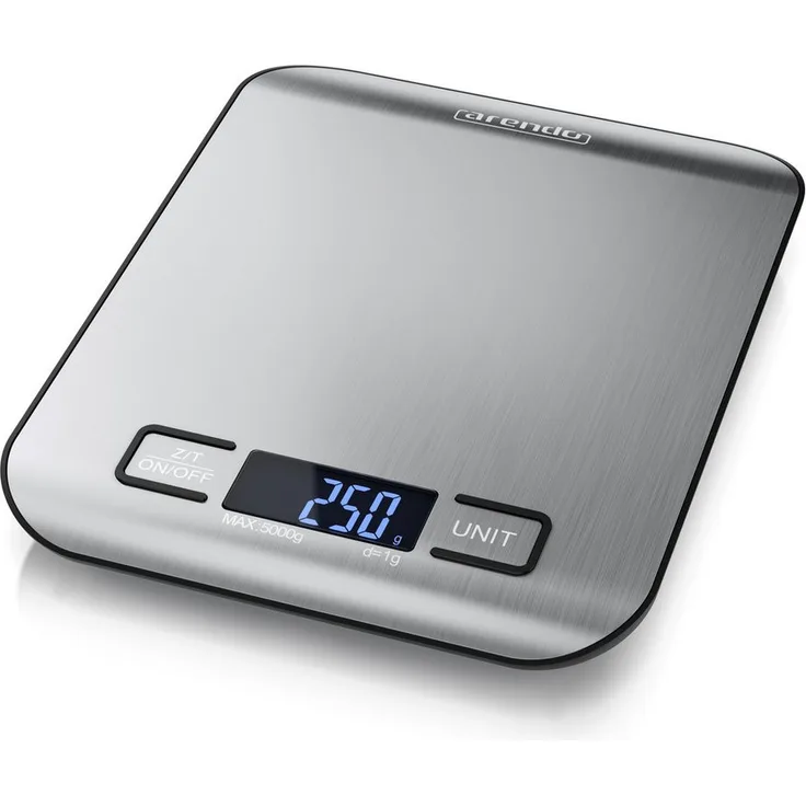 Arendo Küchenwaage 5 kg, Digitale Edelstahl Lebensmittelwaage mit 1g Messgenauigkeit, Tara-Funktion und weißem Display