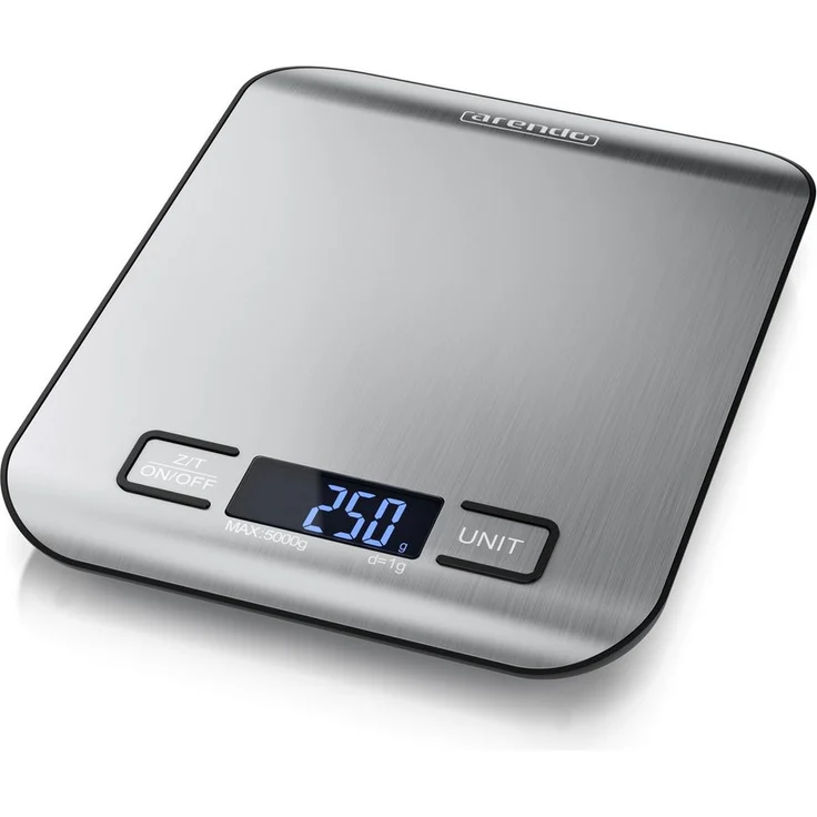 Arendo Küchenwaage 5 kg, Digitale Edelstahl Lebensmittelwaage mit 1g Messgenauigkeit, Tara-Funktion und weißem Display