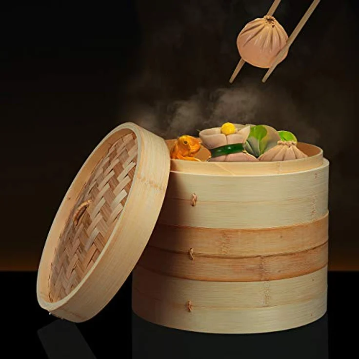 Relaxdays 10031463 Bambus, asiatischer Dämpfkorb mit 3 Etagen, für Dim Sum, Reis, Ø 24 cm, Natur, Hellbraun, traditioneller Dampfgarer – Bild 2