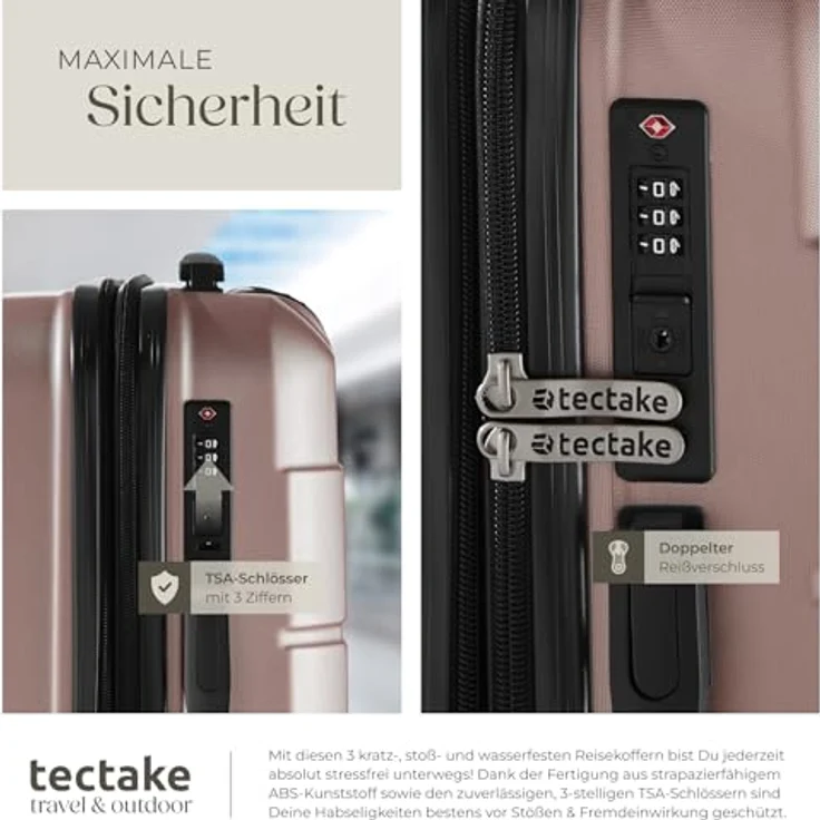 tectake® Kofferset 3 teilig, Koffer & Trolleys, Hartschalenkoffer mit TSA Schloss, Rollkoffer - roségold – Bild 5