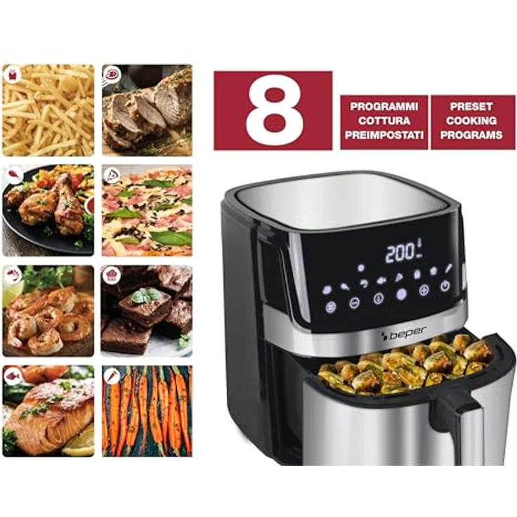 BEPER P101FRI070 Quadratische Heißluftfritteuse, Digitale Fritteuse 7L, Ölfreies Frittieren, Touch-Display, 8 Programme, Einstellbar bis 200°C, Timer 60 Minuten, Automatische Abschaltung, Stahl – Bild 3