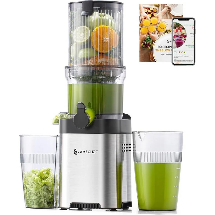 AMZCHEF Slow Juicer CE-ZM19OT02M-SV, 220 W mit 113 mm breiter Einfüllöffnung, Verstopfungsfreier Kaltpress-Technologie und hoher Saftausbeute