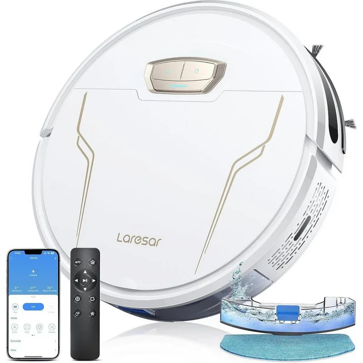 Laresar Saugroboter Evol 3s, 4000Pa Staubsauger Roboter mit Wischfunktion, 150 Min Max, ideal für Hartböden Tierhaare Teppiche, App-Steuerung, Alexa - Schwarz