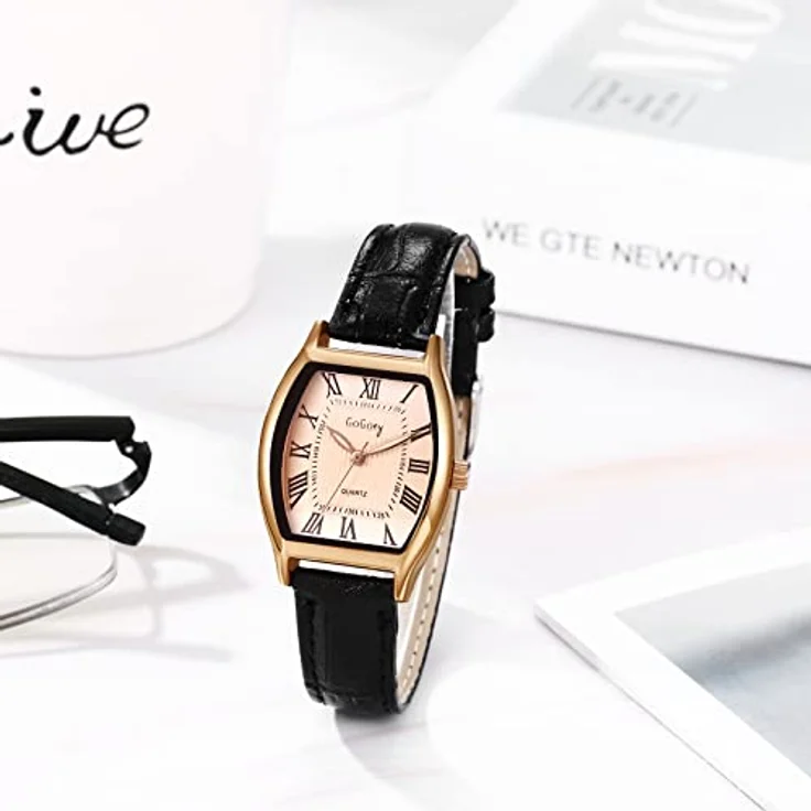 JewelryWe Damen Analog Quarz Armbanduhr Retro mit Römischen Ziffern, Rechteckiges Weinfass Gehäuse, Schwarz, PU Lederarmband – Bild 5