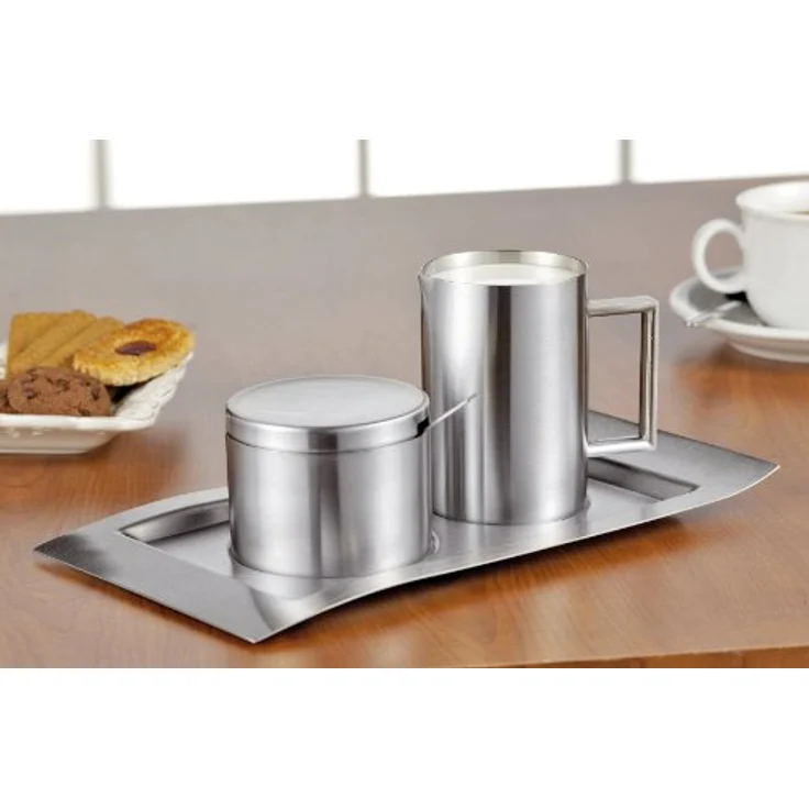 Esmeyer Wave – Gemeinsam Milchkännchen und Zuckerdose Wave, Edelstahl gebürstet, Maße des Tablett 260 x 140 mm