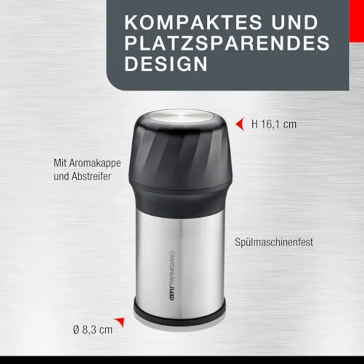 Gefu 34680 Käse-Reibe aus Edelstahl mit Deckel zur Aufbewahrung - Parmesan-Reibe mit Auffang-Behälter für die Küche – Bild 6