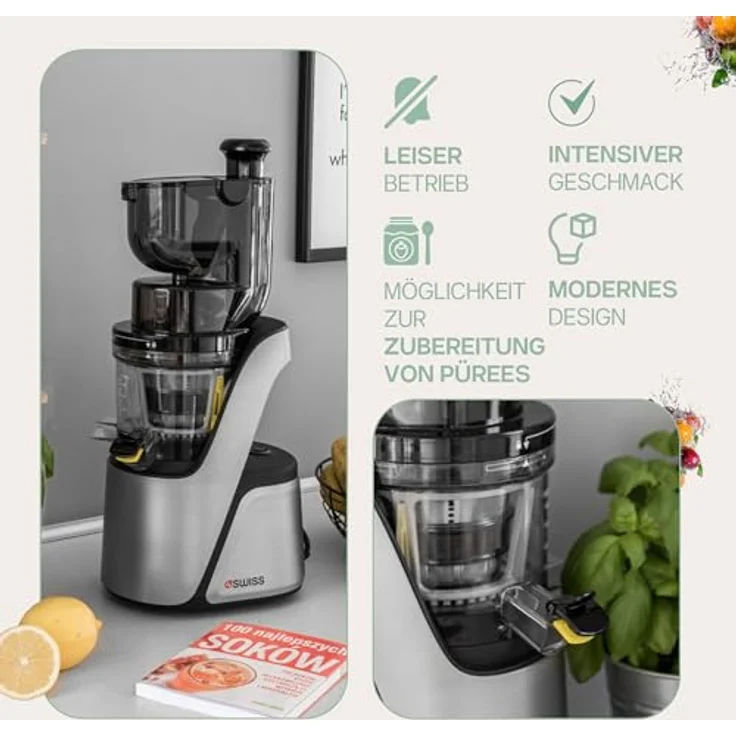 4Swiss Slow Juicer BM105, Entsafter in Silber mit 40 U/Min, Ultem-Schnecke, XXL-Einfüllschacht, leise, BPA-frei – Bild 4