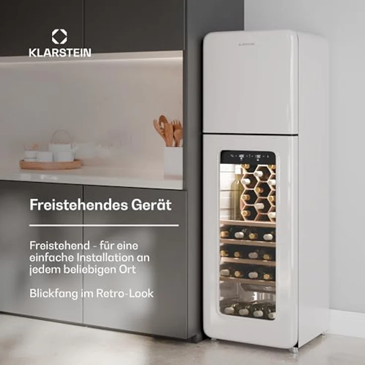 Klarstein Shirley Weinkühlschrank mit Gefrierfach, freistehend, 63 Flaschen, zwei Zonen, –10 bis 18 °C, ledbeleuchtet, Retro-Design, schwarz – Bild 3
