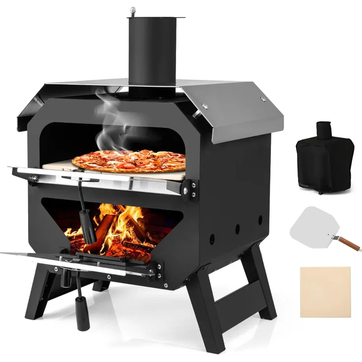 COSTWAY Outdoor Pizzaofen, tragbarer Holzofen mit Edelstahl-Dach, Pizzastein, Pizzaschaufel und wasserdichter Abdeckung, Schwarz
