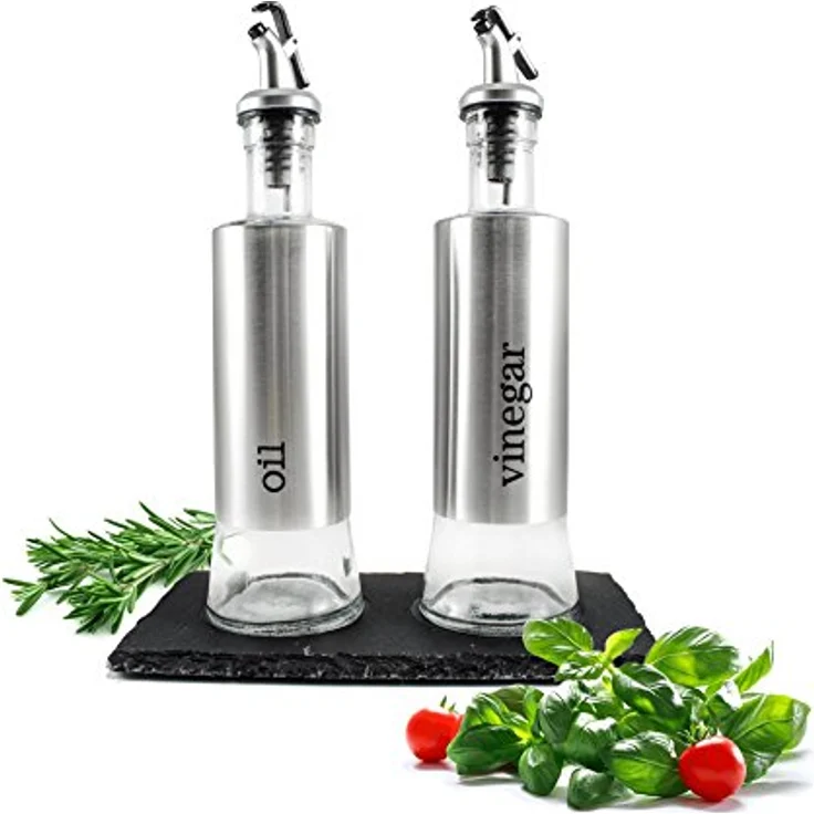 Sendez Öl- & Essigflasche auf Schieferplatte Salz & Pfefferstreuer Ölspender Essigspender Edelstahl Glas – Bild 2