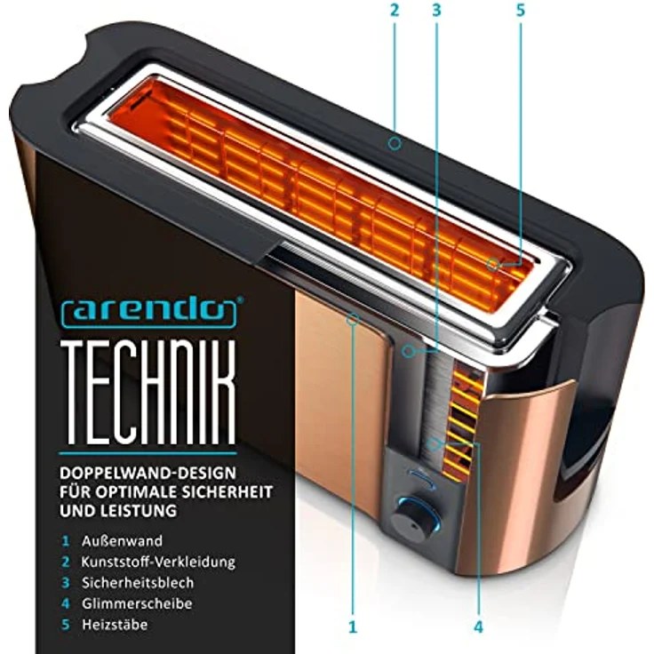 Arendo Frukost Langschlitz-Toaster - Defrost Funktion - Kupfer-Design - Brötchenaufsatz - Krümelschublade - GS-zertifiziert – Bild 5