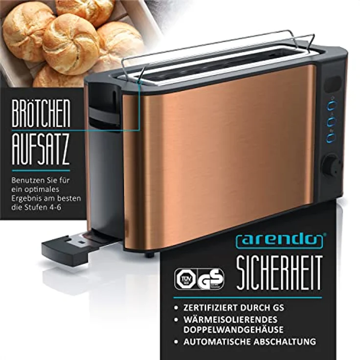 Arendo Frukost Langschlitz-Toaster - Defrost Funktion - Kupfer-Design - Brötchenaufsatz - Krümelschublade - GS-zertifiziert – Bild 4