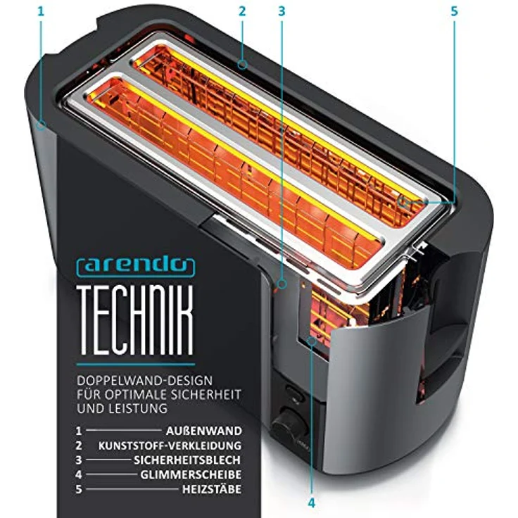 Arendo Edelstahl Toaster Langschlitz 4 Scheiben - Defrost Funktion - wärmeisolierendes Gehäuse - mit integrierten Brötchenaufsatz - 1500W - Krümelschublade - Display mit Restzeitanzeige - Cool Grey – Bild 5