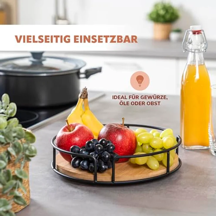 eluno Drehteller aus Metall mit Bambusboden Ø ca. 25 cm, drehbares Gewürzregal, Lazy Susan Schrankorganizer, Badorganizer (Schwarz) – Bild 4