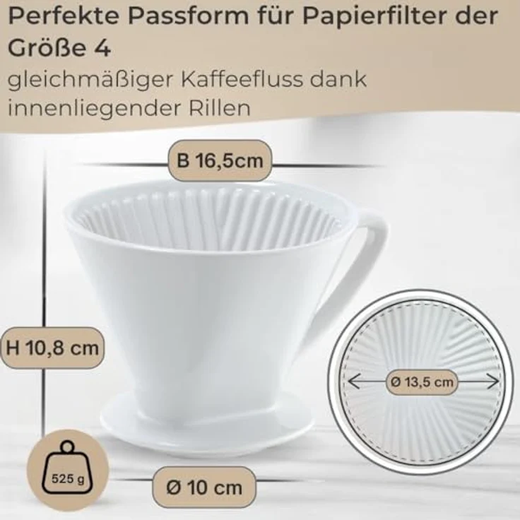 Topanbieter999 Handfilter Keramik Größe 4, Gleichmäßiger Kaffeefluss mit innenliegenden Rillen & 3 Öffnungen, weiß – Bild 2