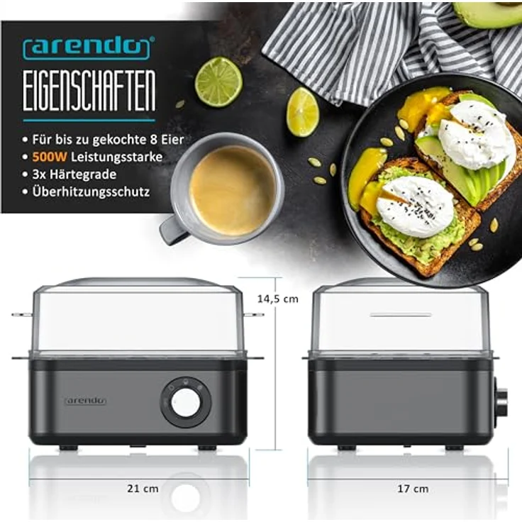 Arendo Eierkocher Edelstahl für 1 bis 8 Eier - Egg Cooker - 500 W ? Kontroll Leuchte ? Drehregler für drei Härtegrade - spülmaschinengeeignet | Cool Grey – Bild 3