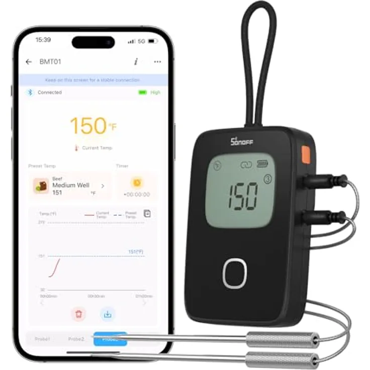 SONOFF BMT01 Fleischthermometer, Digitales Bratenthermometer mit 2 Sonden, Timer und Temperaturalarm, Smart LCD für Grill, Smoker, Ofen, BBQ