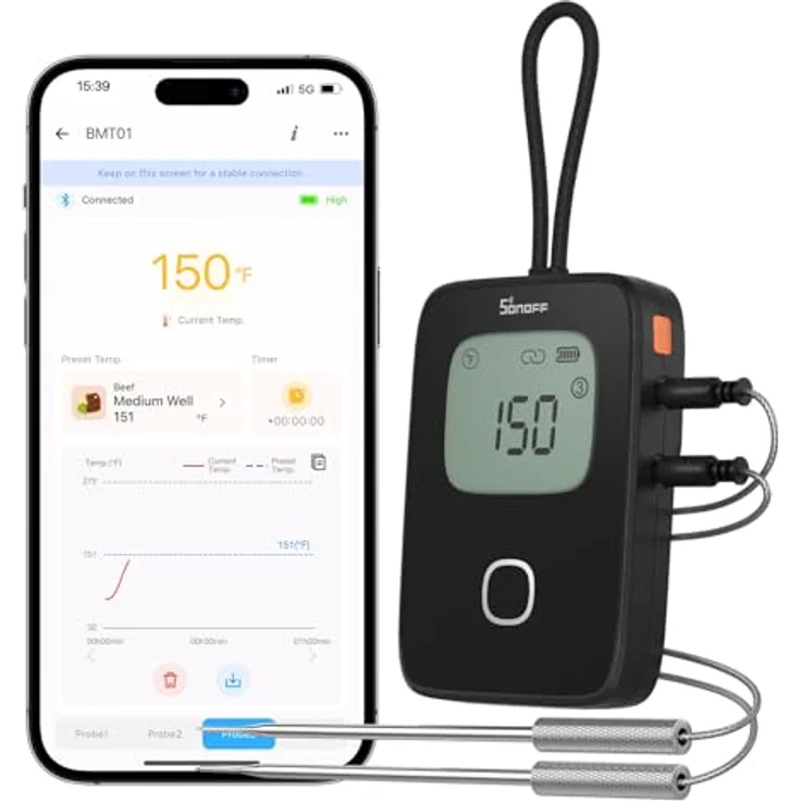 SONOFF BMT01 Fleischthermometer, Digitales Bratenthermometer mit 2 Sonden, Timer und Temperaturalarm, Smart LCD für Grill, Smoker, Ofen, BBQ – Bild 1