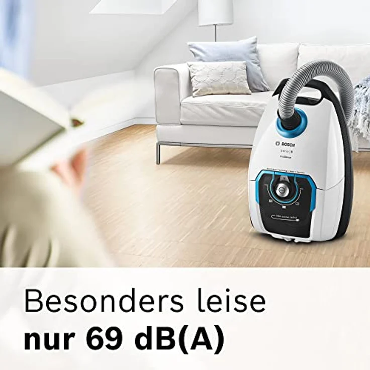 Bosch Staubsauger mit Beutel ProSilence Serie 8 BGB75XSIL, Bodenstaubsauger, ideal für Allergiker, Hygiene-Filter, 10 Jahre Motorgarantie, Hartbodendüse, langes Kabel, Made in Germany, 650 W, weiß – Bild 5